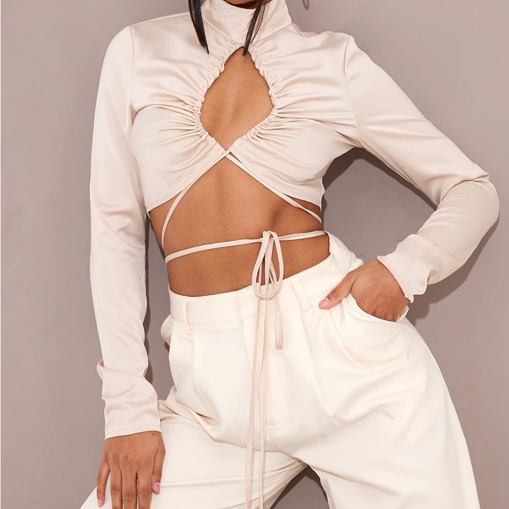 PLT Stone Cut Out Ruched Front Tie Detail Long Sleeve Crop Top